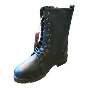 Seven7 Black Boots Mr. Zipper Brass Side Zip Lace-up Faux Leather Size 10 JJ3363